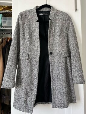 Zara Black & White Herringbone Pea Coat